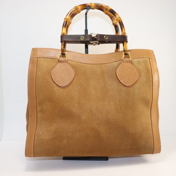Vintage Gucci Diana Bamboo Handle Suede Tote Bag Camel Brown Refreshed - Picture 1 of 9
